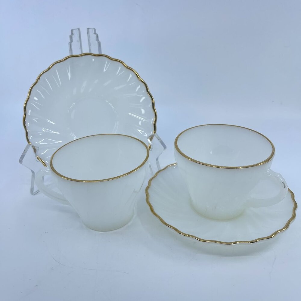 anchor hocking fire king white swirl cups and saucers with gold trim set of 2